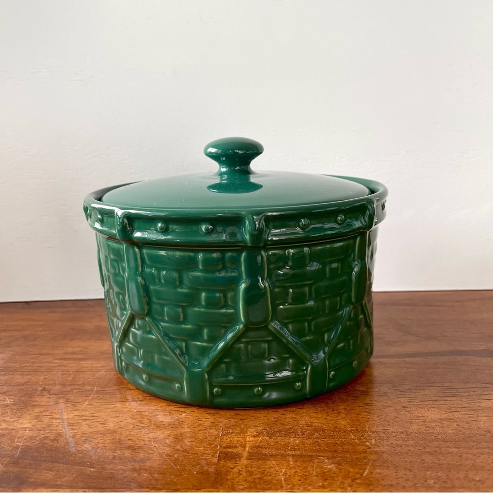 Longaberger Pottery Woven Drum One Quart Green Lidded Crock  Made in U.S.A.